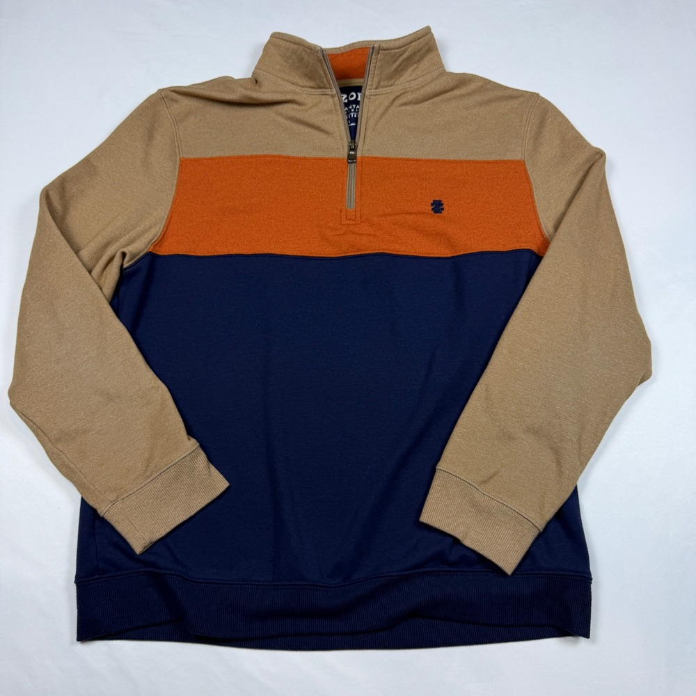 IZOD Quarter Zip Pullover Mens L Tan Orange Navy Colorblock Performance